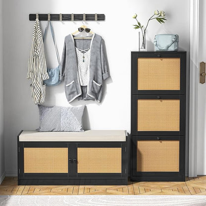 Rattan Shoe Cabinet 3-Tier, Narrow Shoe Cabinet with 3 Flip Drawers and Adjustable Shelves,Entryway Black Shoe Organizer with Removable Shelves for Hallway, Entrance
