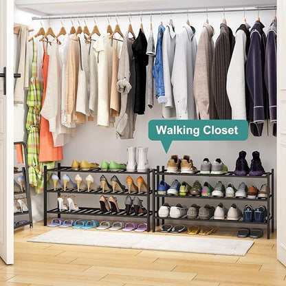 3-Tier Long Black Shoe Rack, Bamboo Wood Shoe Rack for Closet, Entryway & Hallway, Stackable | Functional | Sturdy