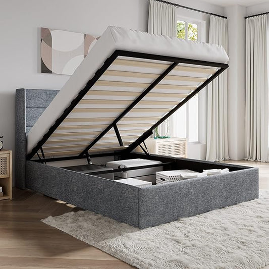 SHA CERLIN Full Size Lift Up Storage Bed/Modern Wingback Headboard/Upholstered Platform Bed Frame/Hydraulic Storage/No Box Spring Needed/Wood Slats Support/Grey Blue