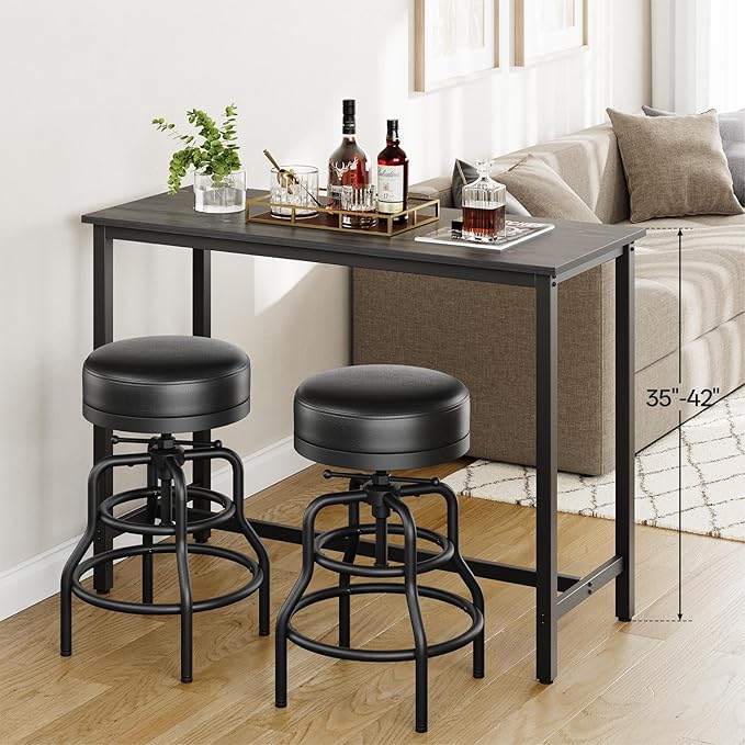 Adjustable Height Swivel Bar Stools Set of 3, 22-29 Inch Industrial Vintage Bar Counter Height Stools with Thicken Premium Bonded Leather Seats & Updated Footrests, Easy Assembly, Brown
