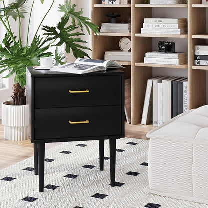 Black Nightstand with 2 Drawers,Tall Modern Night Stand Black, Wooden Night Stands for Bedroom, Bed Side Table, End Table, Gold Handle