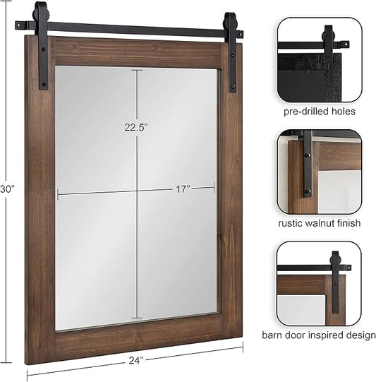 Kate and Laurel Cates Refined Decorative Framed Wall Mirror; 24 x 30; Walnut Brown; Farmhouse Barn Door-Inspired Wall Decor with Substantial Frame and Modern Charm