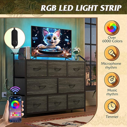 WLIVE Led Dresser for Bedroom, TV Stand for Bedroom with LED Lights and Power Outlet, Wide Chest of Drawers for Hallway, 8 Fabric Drawers for Living Room and Entryway, Charcoal Black Wood Grain Print