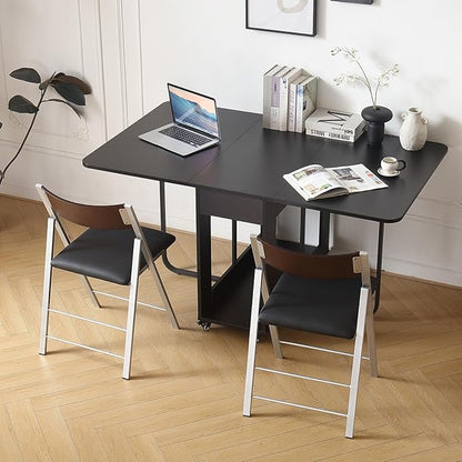 Folding table and chair set, dining table with extra large storage space and 4 universal wheels, matched with padded steel frame folding chairs, space-saving dining table and 2 chairs (Black)