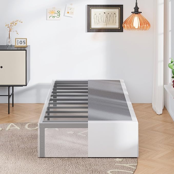 16 Inch Twin Bed Frames with White Skirt Cover, Metal Twin Size Bed Frame with Storage, Heavy Duty, No Box Spring Needed, Easy Assembly, Noise Free, Mattress Foundation