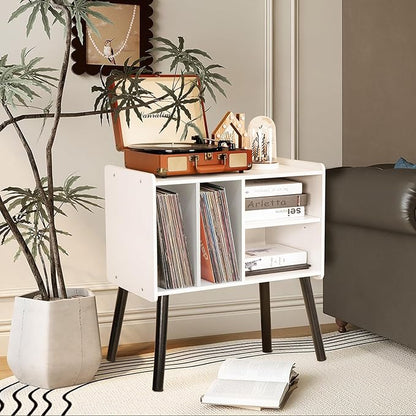 Record Player Table, Mid-Century Record Player Stand with Vinyl Storage Hold Up to 150+ Albums, Vinyl Record Cabinet with Adjustable Shelves, Wood Turntable Stand for Music Living Room (White)