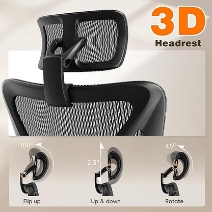 GABRYLLY Ergonomic Office Chair with Adjustable Lumbar Support, 3D Armrests & Headrest, 135° Reclining Chair with Footrest & Large Steel Base,300LBS Swivel Desk Chair(GYMN01)