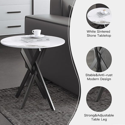 Small Round Marble Side Coffee Table Set of 2 with Metal Legs, Sintered Stone White Modern End Table for Living Room Sofa Home Bed Office (2 Pieces, 20"×20"×18")