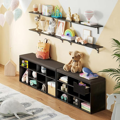 DINZI LVJ Shoe Bench,Entryway Storage Bench with Drawer and 8 Cubbies,Cubby Rack Adjustable Shelves,Shoe Organizer Cabinet for Living Room,Bedroom,Mudroom,Closet Garage,Espresso