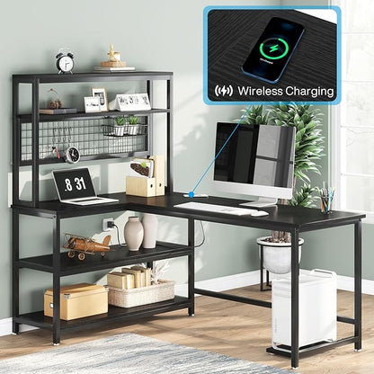 Tribesigns 55" Large Computer Desk with Wireless Charging 5 Storage Shelves, Office Desk Study Table Writing Desk Workstation with Hutch Bookshelf for Home Office (All Black)