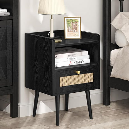 Nightstand Rattan with Charging Station, Mid Century Modern Bed Side Table, Boho End Table with Wood Legs, Bedside Tables for Bedroom Living Room (2, Black, 11.8" D x 15.9" W x 23.4" H (1 Drawers))