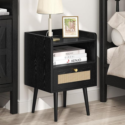 Nightstand Rattan with Charging Station, Mid Century Modern Bed Side Table, Boho End Table with Wood Legs, Bedside Tables for Bedroom Living Room (2, Black, 11.8" D x 15.9" W x 23.4" H (1 Drawers))