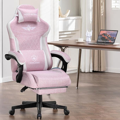 GTPLAYER Gaming Chair, Video Game Chairs with Footrest and Lumbar Support, Computer Chair for Adults with Extended Backrest, Ergonomic Reclining Silla Gamer, Linen Fabric, Pink