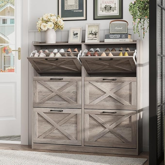 Maupvit Large Shoe Storage Cabinet with 6 Flip Drawers, Freestanding Shoe Organizer with Metal Handles for Entryway, Narrow Shoe Rack Cabinet, Washed Gray