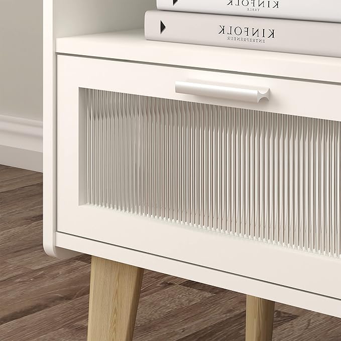 Nightstand with Charging Station, Bedside Tables with Glass Decorative Door, End Table Side Table with 2 Tiers Storage Space, for Bedroom, Living Room, White CAMLBZ07WE