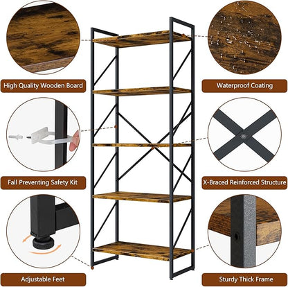 Shintenchi 2 Pieces 5 Tiers Bookshelf, Classically Tall Bookcase Shelf, Industrial Book Rack, Modern Book Holder in Bedroom/Living Room/Home/Office, Storage Rack Shelves for Books/Movies-Rustic Brown