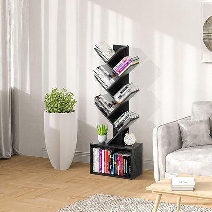 6 Tier Tree Bookshelf, Sturdy Retro Floor Standing Wood Bookcase, Storage Rack for Home Office, Living Room, Bedroom, Reading Spot, Heavy Book Organizer Shelves for CDs/DVDs/Movies, Black