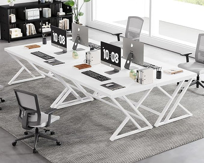 LVB Modern White Computer Desk, Long Industrial Home Office Desk for Student, Large Metal Wood Writing Study Work Desk, Farmhouse Executive Gaming Computer Table for Bedroom Living Room, White, 60 in