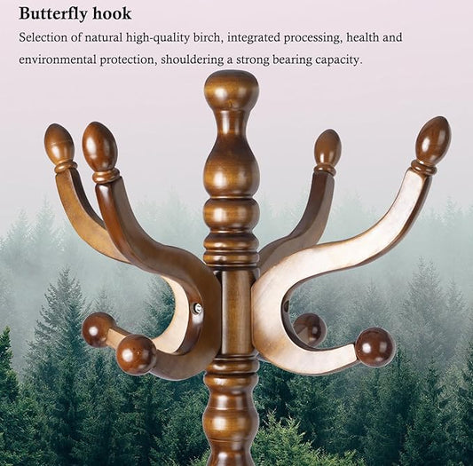 Coat Rack Stand, Solid Wooden Coat Tree with 11 Hooks, Heavy Duty Coat Rack Freestanding with Sturdy Round Base, Natural Birch Wood Coat Hanger Stand for Entryway Bedroom (brown circular)
