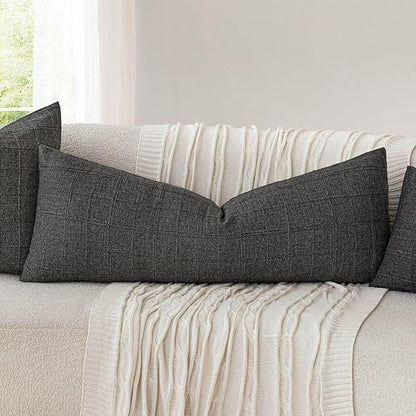 Foindtower Set of 2 Decorative Linen Check Throw Pillow Covers Neutral Long Body Lumbar Cushion Covers Farmhouse Vintage Home Decor For Sofa Chair Couch Bedroom Living Room Outdoor,14×36 Inch,Charcoal