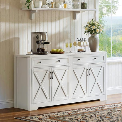 61'' Farmhouse Sideboard Buffet Cabinet with Storage, Large Kitchen Storage Cabinet with Barn Doors Drawers, White Coffee Bar Table for Dining Room Kitchen
