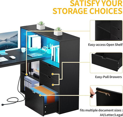DWVO L Shaped Desk with Drawers, 55" Corner Computer Desk with Bookshelf & Power Outlets & LED Lights, Home Office Desk with Storage Shelves, Black