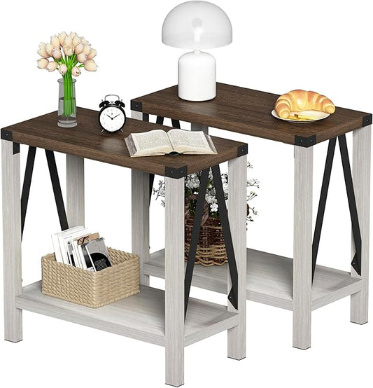 ChooChoo Farmhouse End Table Set of 2, Narrow Side End Table with Storage Shelf, Rustic A-Design Nightstand Sofa Table for Living Room, Bedroom(White&Brown)
