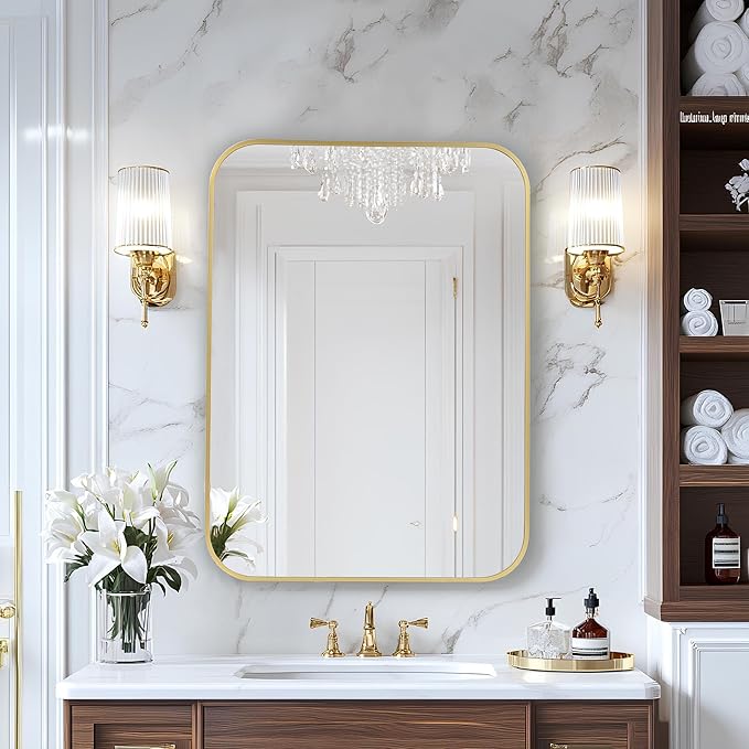 MZON 24x36 Inch Gold Bathroom Mirror – Brushed Gold Rectangular Vanity Mirror, Wall-Mounted, Anti-Rust Metal Frame, Tempered Glass, Vertical & Horizontal Hanging