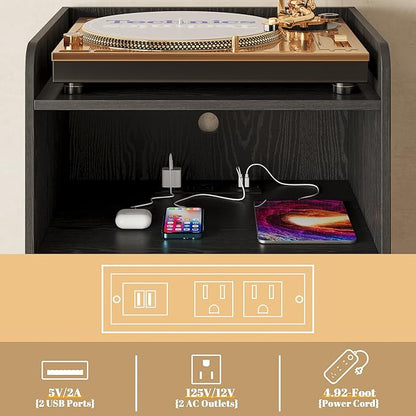 Record Player Stand, Turntable Stand with Record Storage and Charging Station & USB Ports, Record Player Table with Metal Divider, Record Stand Up to 120 Albums for Living Room, Bedroom Black