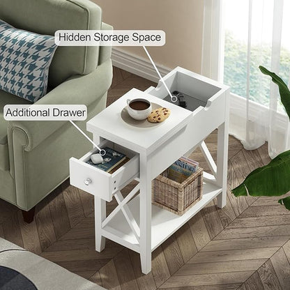 ChooChoo White End Table Set of 2, Flip Top Narrow End Table with Drawer, Accent Small Side Table Nightstand for Living Room, Bedroom, and Small Spaces