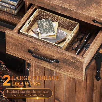 59'' Fireplace TV Stand with 3D Flame Electric Fireplace Heater, 34'' Tall Farmhouse TV Stand for 65 Inch TV, Entertainment Center TV Console with 2 Drawers, Sliding Barn Door for Living Room - Brown