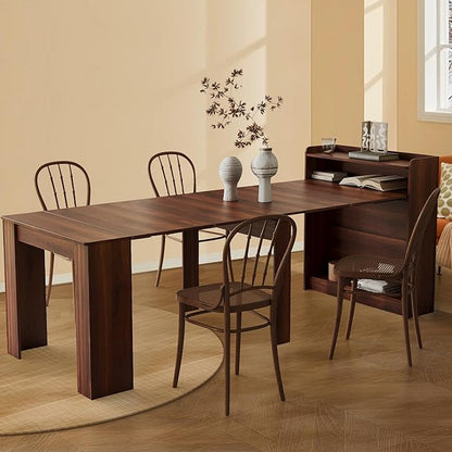 Expandable Dining Table, Convertible Table for Dining Room, Kitchen and Small Spaces, for 2-7 People(with Storage Shelf), Walnut Brown