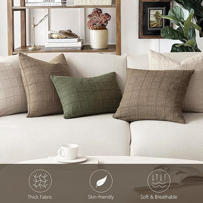Foindtower Set of 2 Decorative Linen Check Throw Pillow Covers Neutral Farmhouse Vintage Cushion Covers Modern Boho Home Decor for Sofa Chair Couch Bedroom Living Room Outdoor,22×22 Inch,Light Brown