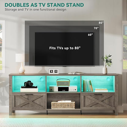 YITAHOME 70 Inch Farmhouse TV Stand with LED Lighting, Fits TVs up to 80 Inches, Media Console with Storage and Customizable Divider, Entertainment Center for Living Room (Grey)