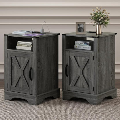 RoyalCraft Nightstand Set of 2, Grey End Table with Charging Station, Tall Farmhouse Bedside Table with Large Storage and Shelf, Wooden Side Table with for Bedroom, Home Office, Dark Grey