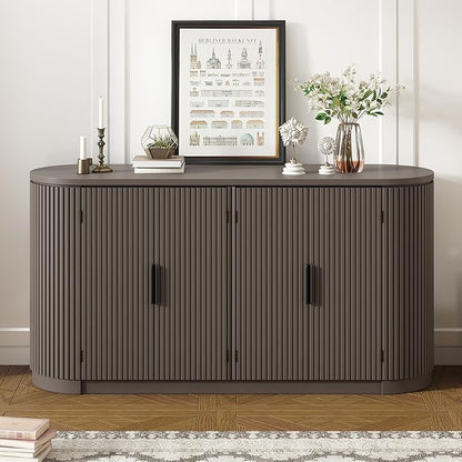 Merax 63" Large Sideboard, Vertical Striped Storage Cabinet with 4 Door, Metal Handles, Adjustable Shelf, Suitable for Study, Entryway and Living Room, Brown