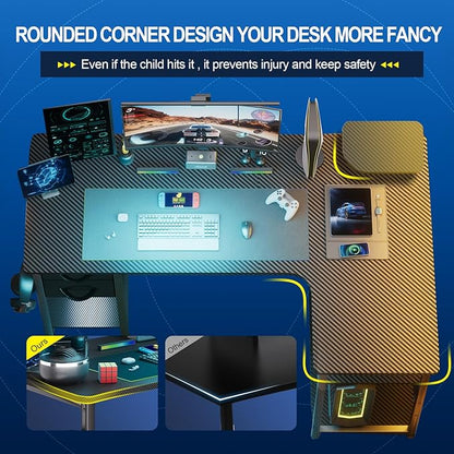 GTRACING Gaming Desk with Drawers, Carbon Fiber Style L Shaped Computer Desk Compatible with Monitor Arm Corner Desk Gaming Table for Home Office Desks, Easy to Assemble Adjustable Shelf Height