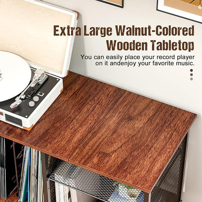 Record Player Stand with Adjustable Divider, Vinyl Storage Holder Up to 200 Albums, Mid-Century Large Record Player Table, Vinyl Holder Turntable Stand End Table Storage Rack for Bedroom & Living Room
