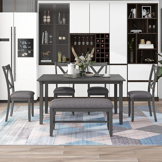 Ball & Cast 6 Piece Dining Table Set with 4 "X-Shaped Curved Backres Fabric Chairs & 1 Bench,Living Room Furniture W/ 60" Rectangle Kitchen Desk,for Restaurant,Home Bistro,Gray