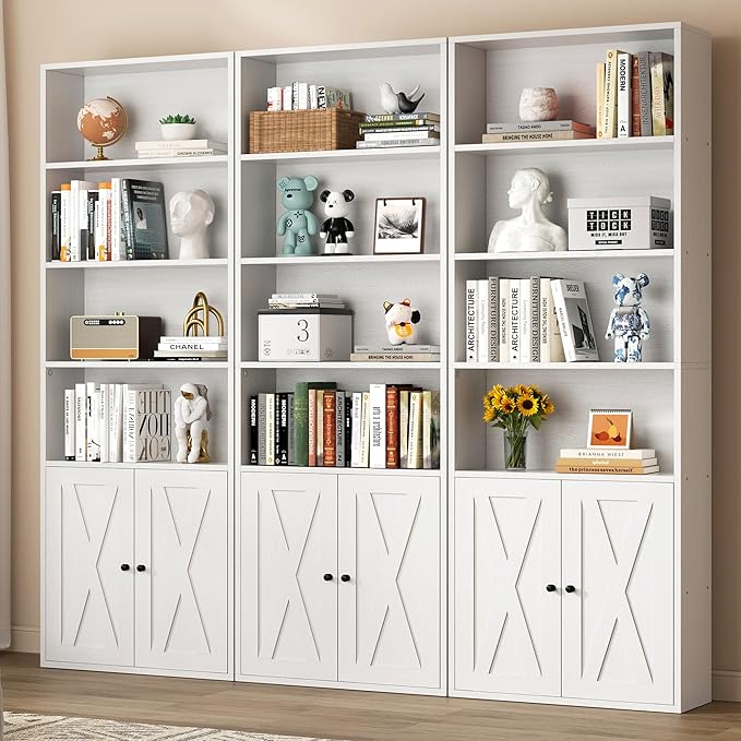 Shintenchi Bookshelf, Industrial Bookshelves and Bookcases with Doors Floor Standing 6 Shelf Display Storage Shelves 70.6 inches Tall Bookcase for Home Office, Living Room (White)