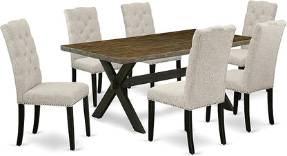 East West Furniture X677EL635-7 7 Piece Dining Table Set Consist of a Rectangle Kitchen Table with X-Legs and 6 Doeskin Linen Fabric Parson Dining Room Chairs, 40x72 Inch, Multi-Color