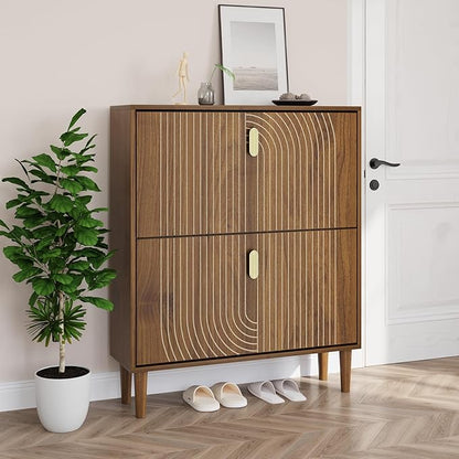 Smuxee Shoe Cabinet with 2 Flip Drawers, 31.5" Walnut Hidden Shoe Storage Cabinet with Line Groove Design, Freestanding Shoe Organizer Cabinet for Entryway, Hallway, Living Room