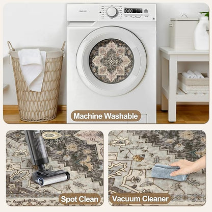 Tangsoo 2x3 Washable Rugs for Entryway, Vintage Non Slip Small Area Rug, Indoor Front Door Rug, Door Mat Small Carpet, Soft Low Pile Entry Rug for Entrance Kitchen Bedroom Print Distressed Grey/Brown