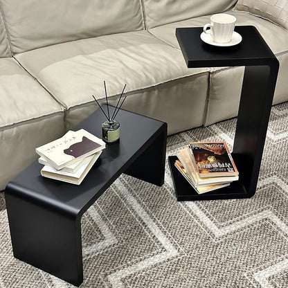 C Shaped End Table, Solid Wood C Side Table for Couch Sofa and Bed, Sofa Tables That Slide Under for Space Saving, Small Snack C Tables for Living Room Bedroom (H 24.4″ - Black, 1)