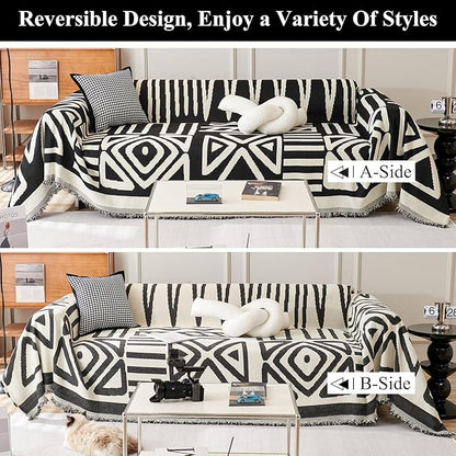 STACYPIK Boho Triangle Couch Cover for Dogs Non-Slip Sofa Cover for 3 Cushion Couch Sofa Beige Black Sectional Couch Cover Pet Furniture Protector Covers Reversible Anti Slip Loveseat Cover-91X134IN