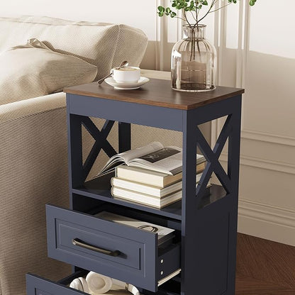 Tall Nightstand Set of 2 Side Table with 2 Drawers Modern Night Stand Wooden Rustic End Table Bedside Table with Upper Open Shelf Solid Feet for Bedroom, Living Room, Navy Blue+Walnut