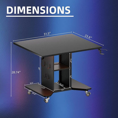 Pamray Small Rolling Gaming Desk with Led Lights Power Outlets and Storage Pegboard, Small Spaces Compact PC Computer Table Balck