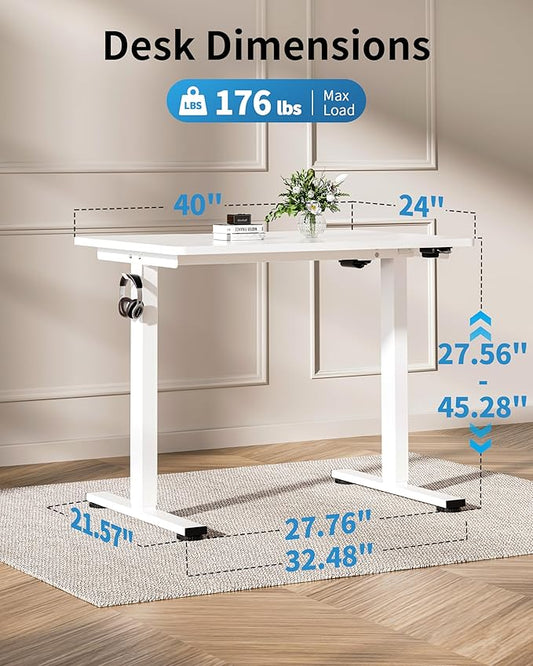 Okin Small Electric Standing Desk, 40" x 24" Whole Piece Height Adjustable White Sit to Stand Desk Computer Workstation for Home Office