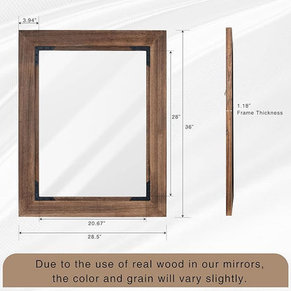 28"x36" Solid Wood Bathroom Mirror Tempered Glass for Wall Mounted, Rustic Wood Frame Wall Mirror Decorative for Living Room Bedroom Vanity Mirror, Rustic Brown