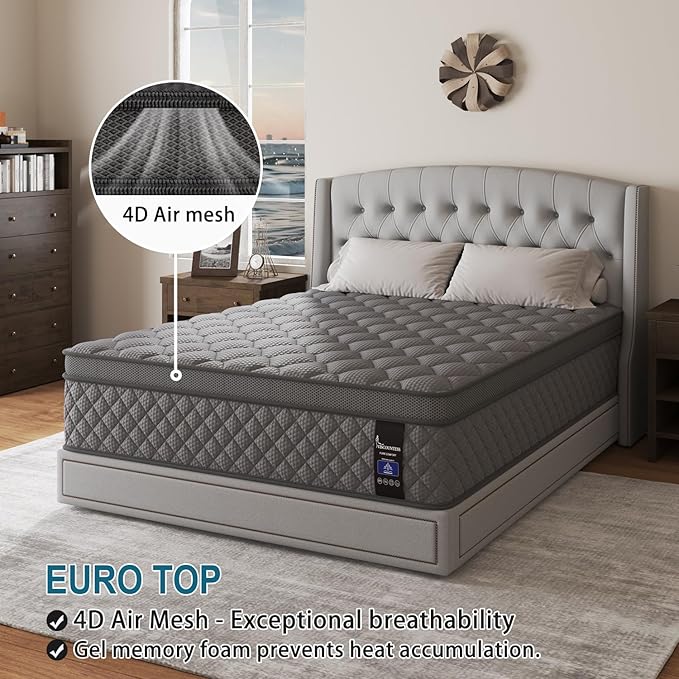 Full Mattress, 14 Inch Hybrid Mattresses Grey Euro Top Medium Firm for Back & Lumbar Support, 100 Night Trial, Individual Pocket Spring Bed for Motion Isolation & Pressure Relief